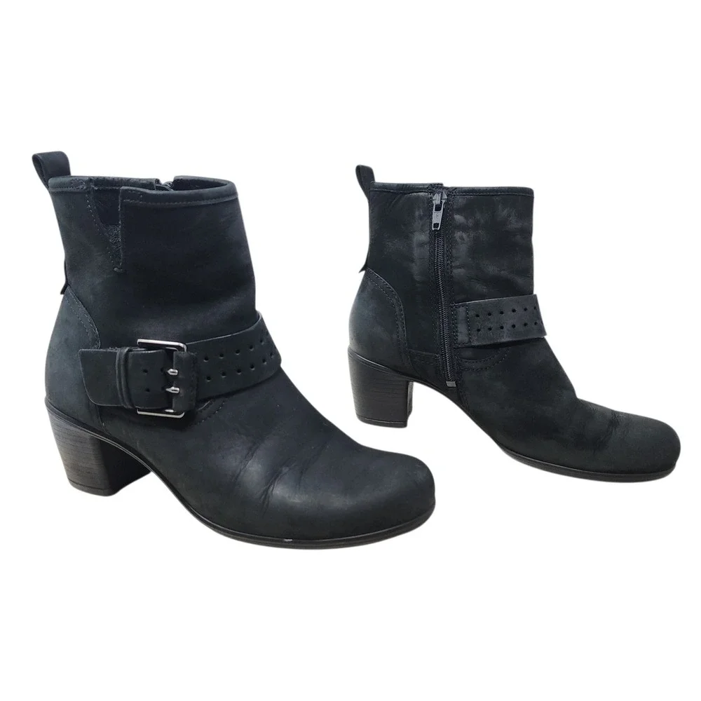 ECCO Ankle Boots 36 Wom Black Leather Buckle Zip Block Heel Moto Touch 55 Panama